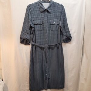J.McLaughlin Womens Navy White Geometric Shirt Dress 3/4 Roll Tab Sleeve Large